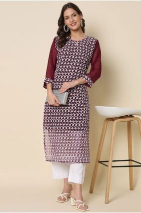 Georgette Kurti with Chikankari in Maroon KTI2728
