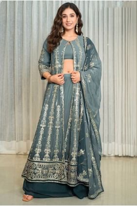 Embroidered Georgette Grey indo Western Kurti with Dupatta SK155825