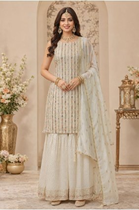 Embroidered Georgette Sharara Suit in Off white SS1397