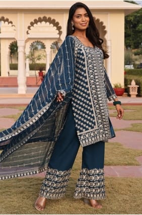 Embroidered Georgette Eid Palazzo Suit in Teal PZ4243