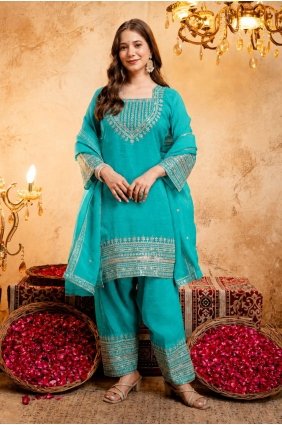 Georgette Patiala Suit with Embroidered in Firozi SK159228