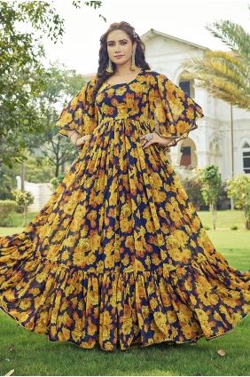 Yellow & navy blue Printed Gown Dress in Georgette GW1322
