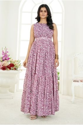 Printed Georgette Gown Dress in Pink with Dupatta GW1298