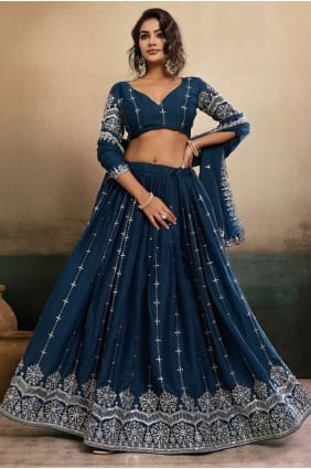 Teal Georgette Embroidered Lehenga Choli with Dupatta LC8986