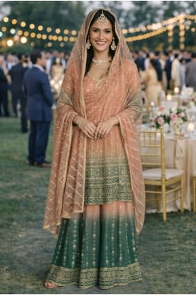 Embroidered Georgette Palazzo Suit in Peach with Dupatta PZ4321