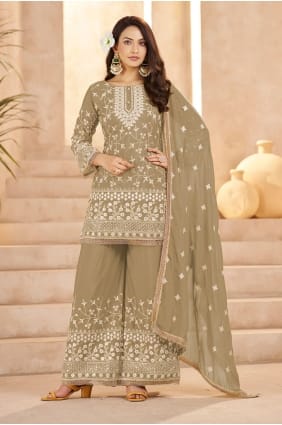 Thread Georgette Eid Palazzo Suit in Beige with Dupatta PZ4317