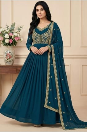 Teal Embroidered Salwar Kameez in Georgette AS4263