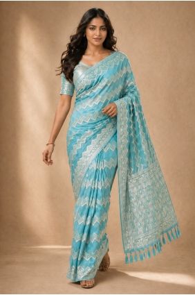 Georgette Aqua blue Saree in Digital print SR30224