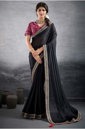 Black Embroidered Saree in Georgette SR29221