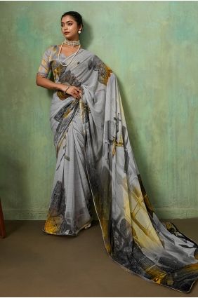 Printed Georgette Saree in Grey with Blouse SR29965