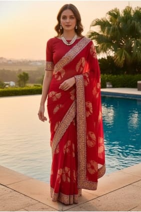 Georgette Saree in Red with Printed SR29343