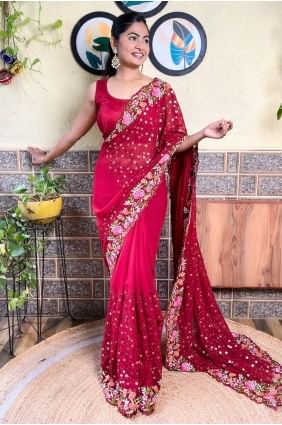 Georgette Saree with Sequins thread in Maroon  SR28475