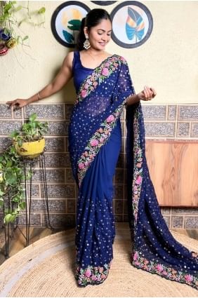 Georgette Sequins thread Blue Saree with Blouse SR28476
