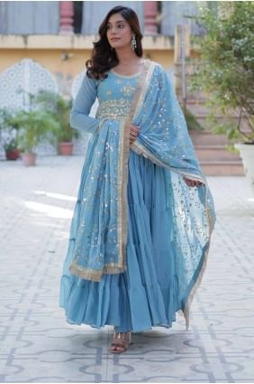 Georgette Sky blue  Gown Dress in Embroidered GW1056