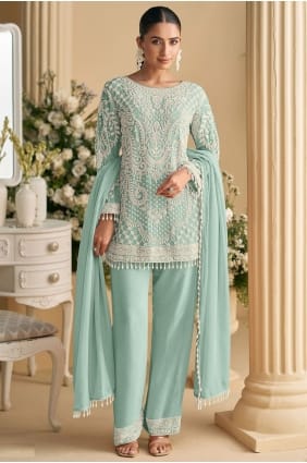 Sky blue Eid Salwar Kameez in Sequins Georgette SK155984