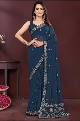 Weaving Georgette Teal Saree with Blouse SR28827