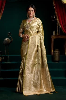 Embroidered Satin and silk Golden Saree with Blouse SR29570