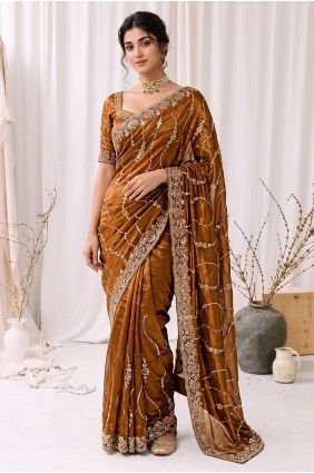 Silk Golden Saree in Hand,sequins SR30191