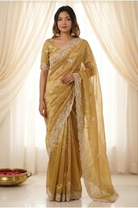 Satin Embroidered Golden Saree with Blouse SR30142
