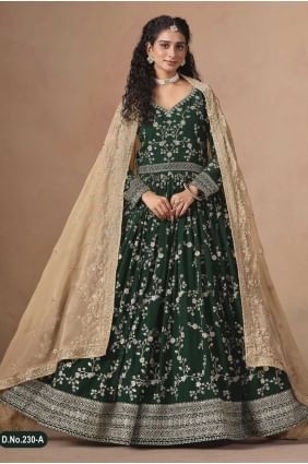 Faux georgette Anarkali Suit in Green with Embroidered AS4136
