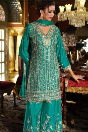 Sharara Suit in Green Chiffon with Stone with moti SS1301