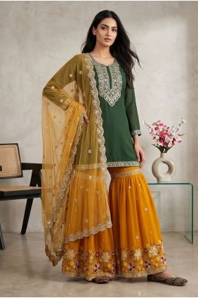 Sharara Suit in Green Faux georgette with Embroidered SS1390