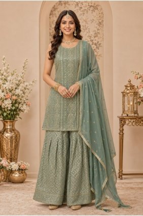 Embroidered Sharara Suit in Green Georgette SS1399