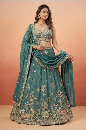 Embroidered Lehenga Choli in Green Tissue LC9181