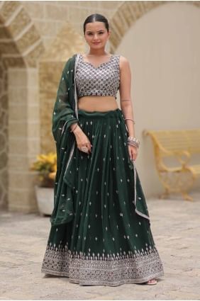Green Faux georgette Embroidered Party Lehenga Choli with Dupatta LC8282