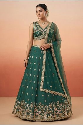 Silk Lehenga Choli with Embroidered in Green LC9160