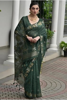 Green Zari Linen Saree SR29602