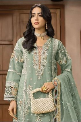 Embroidered Chiffon Palazzo Suit in Green with Dupatta PZ4561