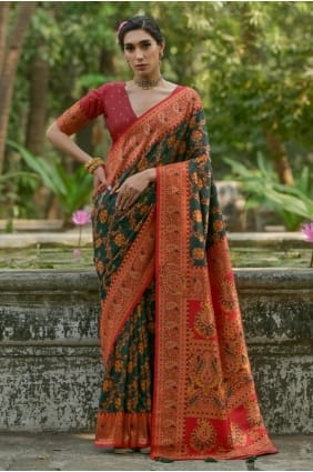 Zari,weaving Pashmina Saree in Green SR29611