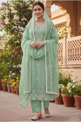 Embroidered Salwar Kameez in Green Cotton SK15694