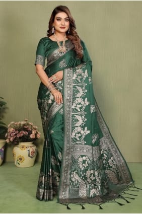 Green Embroidered Satin and silk Saree SR29579
