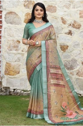 Green Printed Saree in Cotton SR29072
