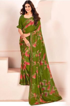 Green Saree with Printed Georgette SR28406