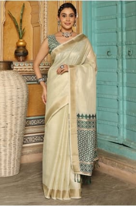 Saree in Green Linen with Weaving SR29210