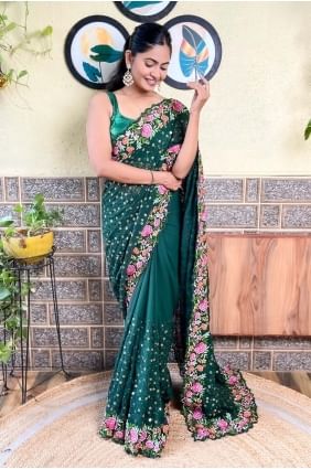 Green Sequins thread Georgette Saree SR28474