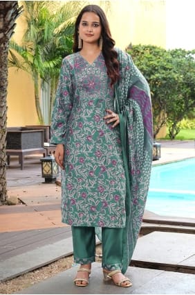 Silk Eid Salwar Kameez with Embroidered in Green SK155964