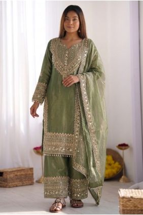 Green Palazzo Suit in Lace Silk PZ4485