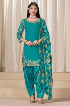 Patiala Suit in Sea green Silk with Printed PS2433