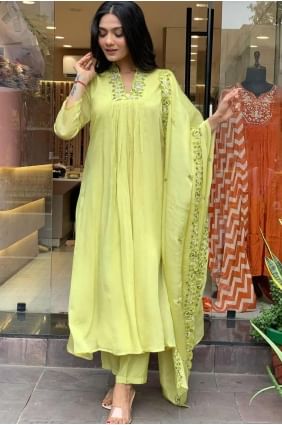 Green Straight Pant Suit in Embroidered Rayon SK155404