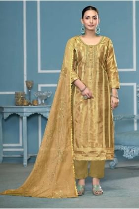 Golden Straight Pant Suit with Embroidered Organza SK155325