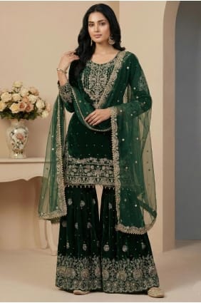Velvet Green Sharara Suit in Thread SS1347