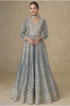 Chinon chiffon Anarkali Suit in Grey with Embroidered AS4246