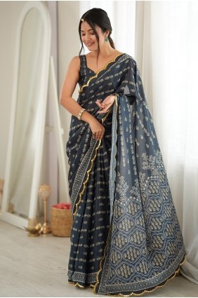 Mirror printed Chinon chiffon Grey Saree with Blouse SR30275