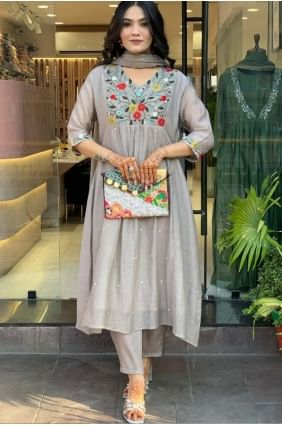Grey Digital print Straight Pant Suit in Chanderi SK155618