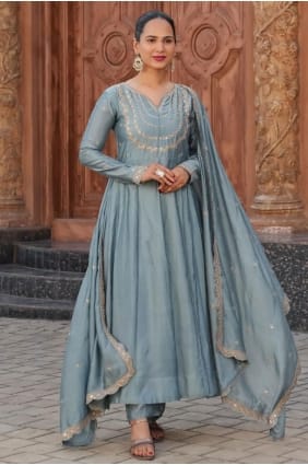 Silk Anarkali Suit with Embroidered in Grey AS4234