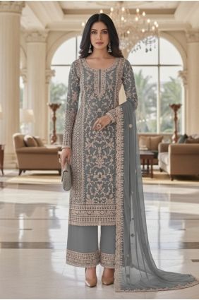 Grey Embroidered Palazzo Suit in Net PZ4467